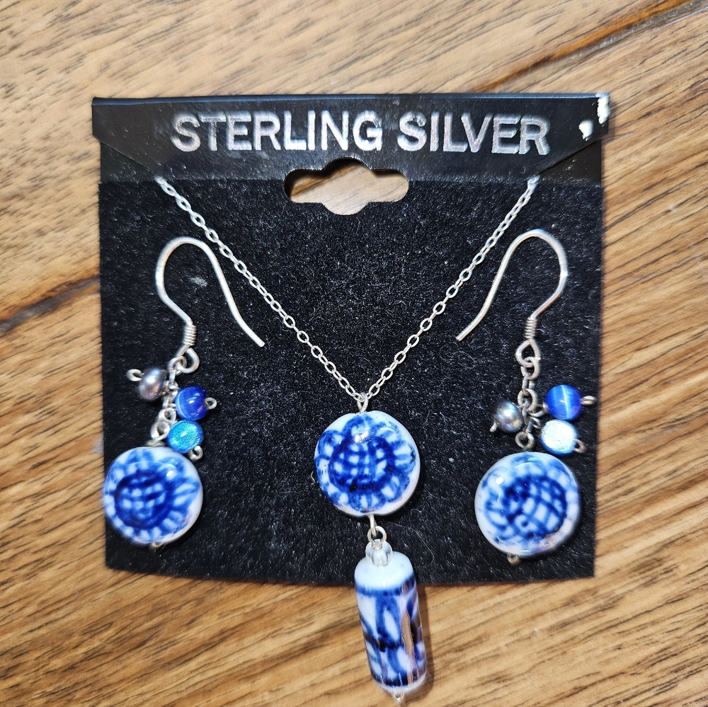 Sterling Silver Blue Ceramic Earrings And Necklace